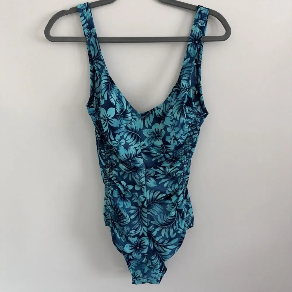 Vtg Maxine of Hollywood Sz 12 Blue Floral One Piece Swimsuit Ruched Tropical 90s